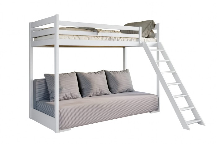 Weißes Etagenbett SIDNEY mit integriertem Schlafsofa und schräger Leiter.