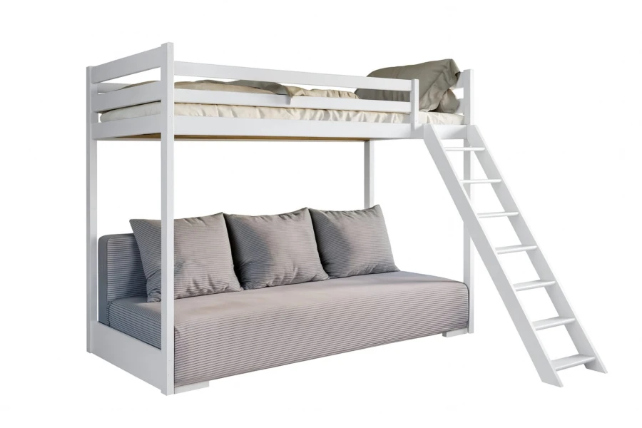 Modernes weißes Hochbett mit Schlafsofa und stabiler Leiter vor weißem Grund.