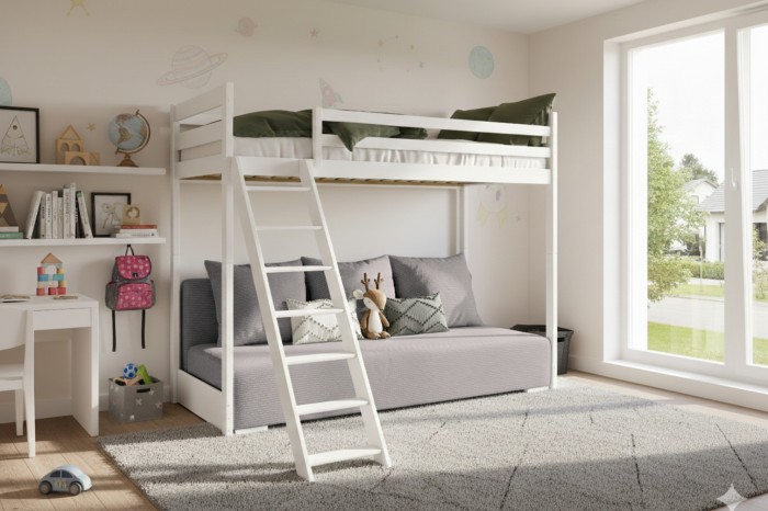 Kinderzimmer-Einrichtung mit dem weißen Hochbett SIDNEY und passendem Sofa.