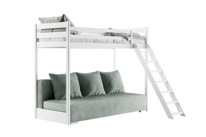 Weißes Etagenbett SIDNEY mit integriertem salbeigrünen Schlafsofa auf weißem Hintergrund.