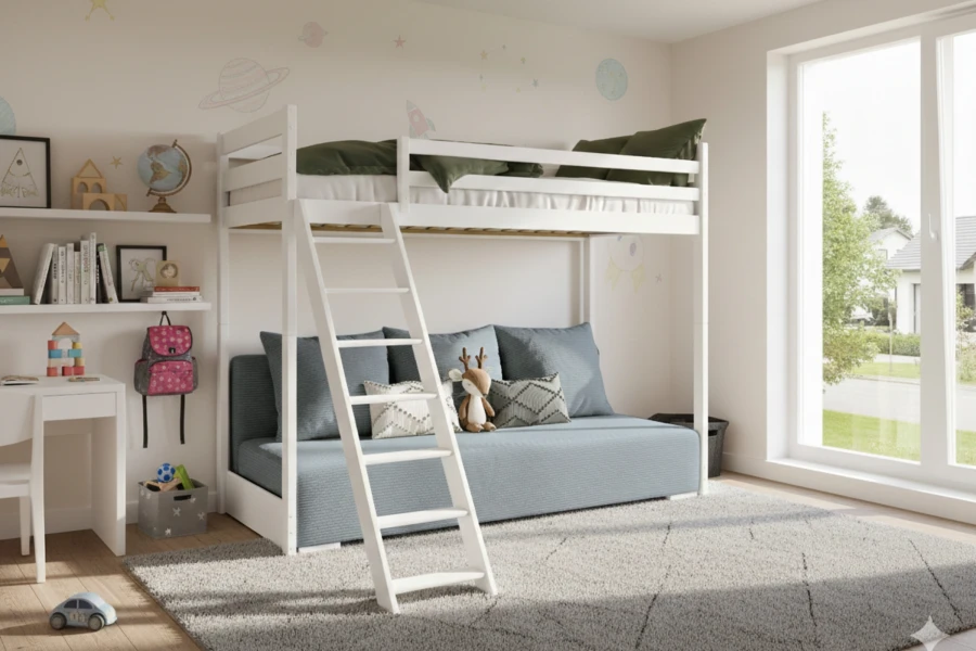 Eingerichtetes Kinderzimmer mit dem SIDNEY Etagenbett und gemütlichem Schlafsofa.