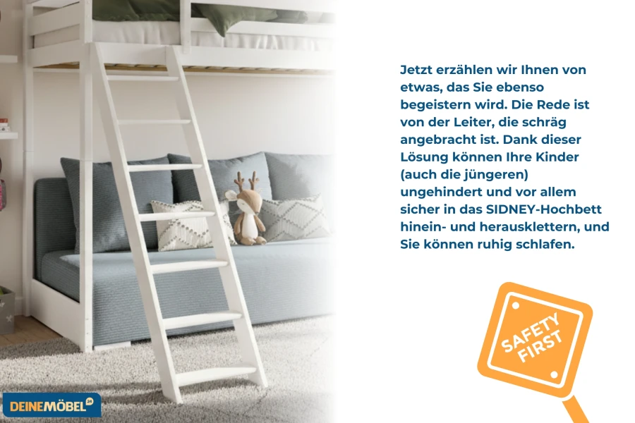 Sichere schräge Leiter am weißen SIDNEY Hochbett für Kinder.