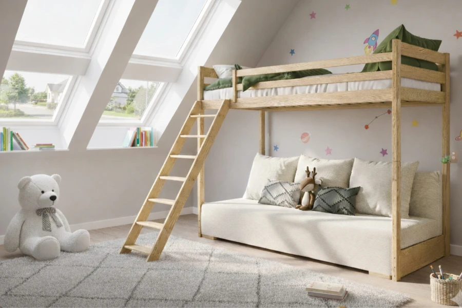 Modernes Hochbett Sidney aus Kiefernholz mit integriertem Schlafsofa im Kinderzimmer.
