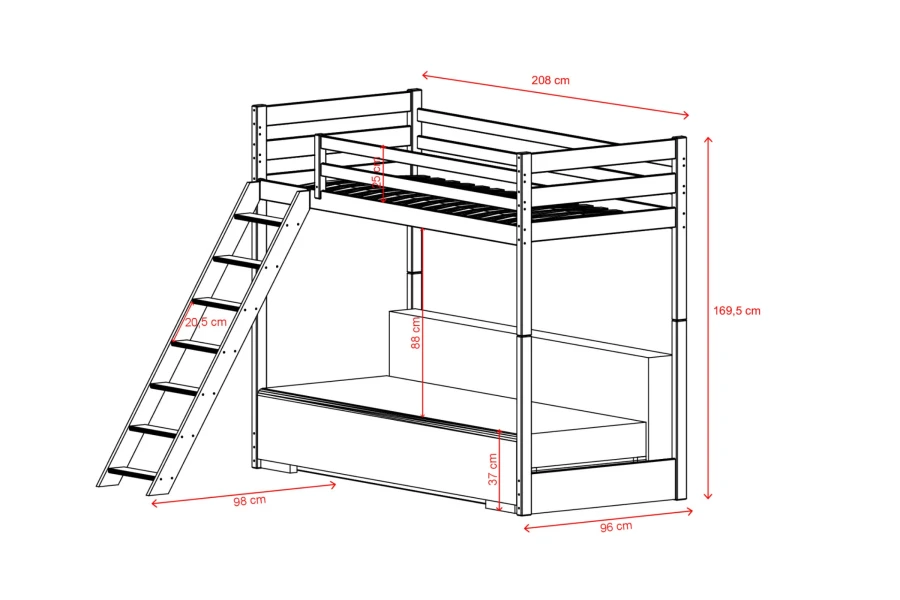 Technische Skizze mit Abmessungen für das Hochbett Sidney mit Sofa-Funktion.