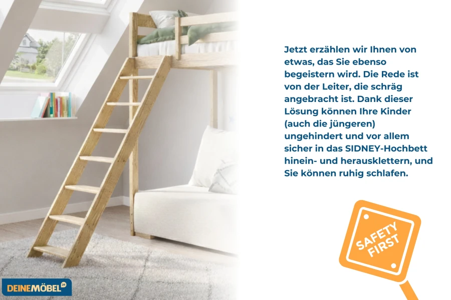 Hochbett SIDNEY aus Massivholz mit sicherer schräger Leiter von DeineMöbel24.