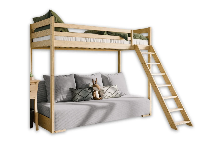 Etagenbett Sidney aus Holz mit grauem Schlafsofa und Leiter für das Kinderzimmer.