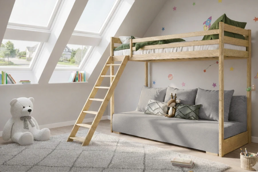 Modernes Kinderzimmer mit Hochbett, gemütlichem Schlafsofa und großem Teddybären.