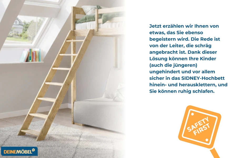 Sichere Leiter für das SIDNEY-Hochbett im Kinderzimmer für einen einfachen Aufstieg.