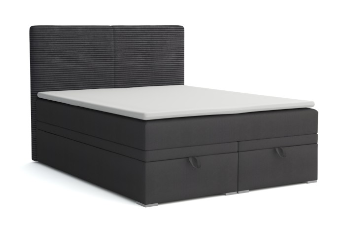 Modern boxspringbed in donkergrijs met opbergruimte en corduroy-look.