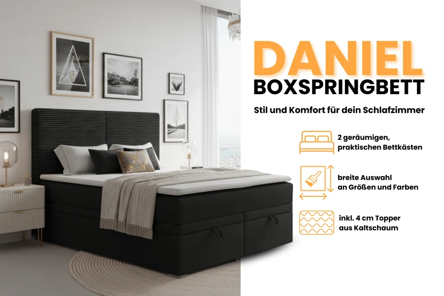 Infographic over het boxspringbed Daniel met details over bedbakken en de topper.