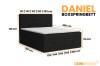 Boxspringbed Daniel in het zwart met gedetailleerde afmetingen voor verschillende bedbreedtes en hoogtes.