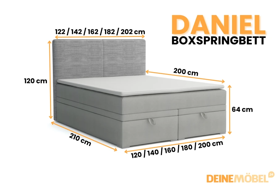 Afmetingen van het boxspringbed Daniel: Overzicht van de verschillende maten en hoogtes.