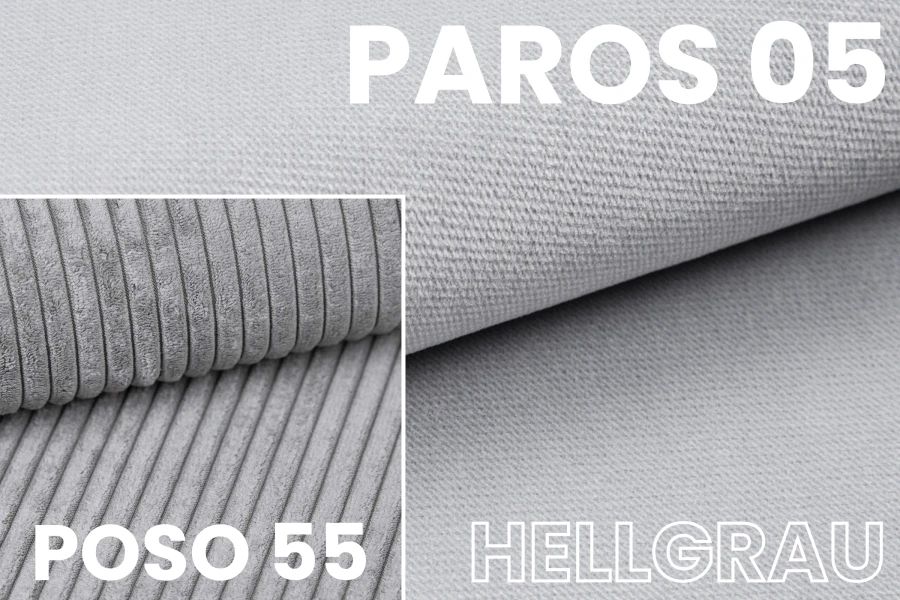 Stofstalen lichtgrijs: Paros 05 geweven stof en Poso 55 ribstof-look voor boxspringbedden.