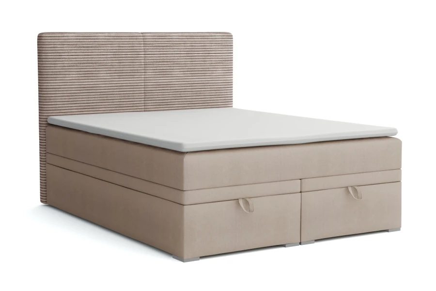 Boxspringbed Daniel in beige met elegant corduroy hoofdbord en twee praktische beddenbakken.