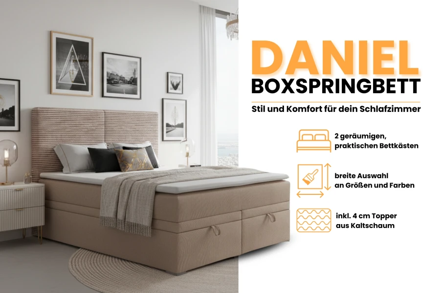 Voordelen van het boxspringbed Daniel: Inclusief koudschuim topper, opbergruimte en ruime kleurkeuze.
