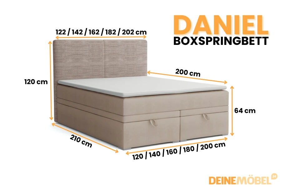 Boxspringbed Daniel in beige: Overzicht van de afmetingen en beschikbare breedtes voor de slaapkamer.