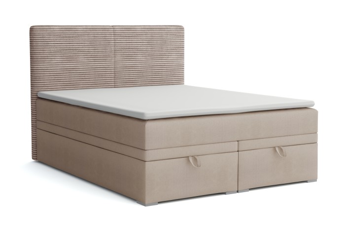 Beige boxspringbed Daniel met gestructureerd hoofdbord en bedbakken voor een witte achtergrond.