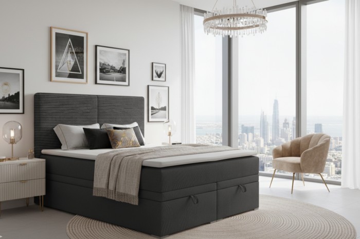 Modern antracietkleurig boxspringbed met hoog hoofdbord in een stijlvolle slaapkamer met uitzicht.