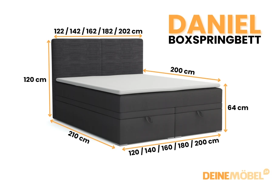 Abmessungen Boxspringbett Daniel: Detaillierte Maßgrafik für verschiedene Bettgrößen und Höhen.