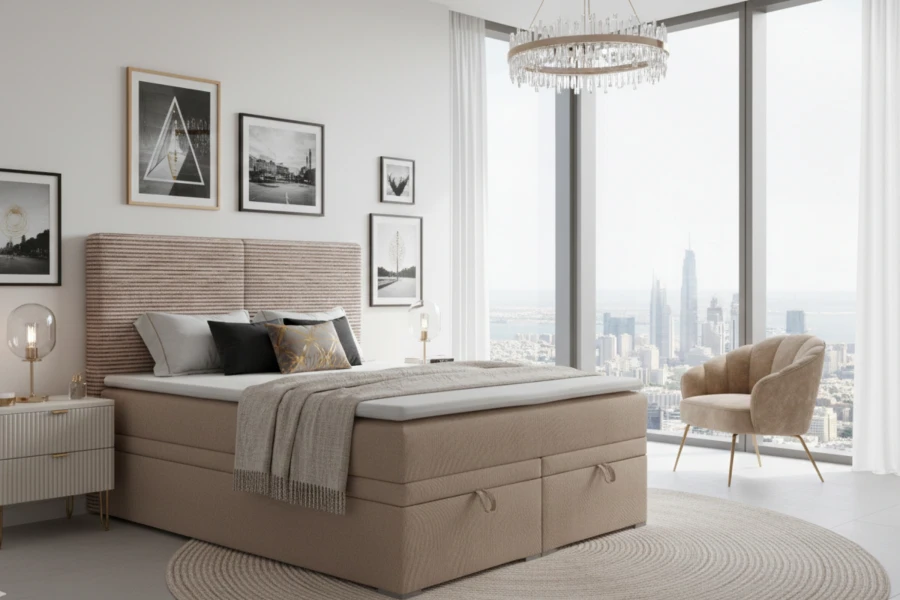 Moderne slaapkamer met Daniel boxspringbed in beige voor een grote raampartij.