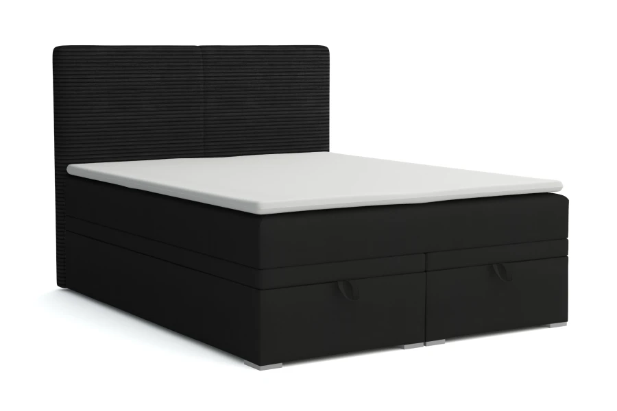 Zwart boxspringbed Daniel met gecapitonneerd hoofdbord en opbergfunctie.