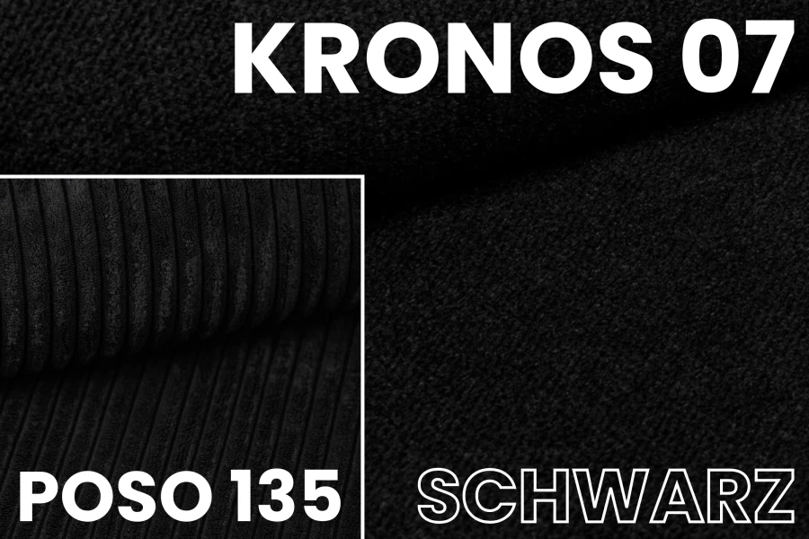 Staal zwart: Fluweelzachte Kronos 07 en geribbelde Poso 135 cord-stof voor gestoffeerde meubels.