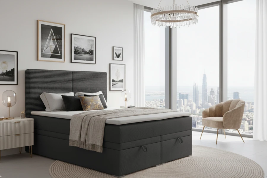 Luxurious bedroom with anthracite box spring bed, panoramic view, and modern design.