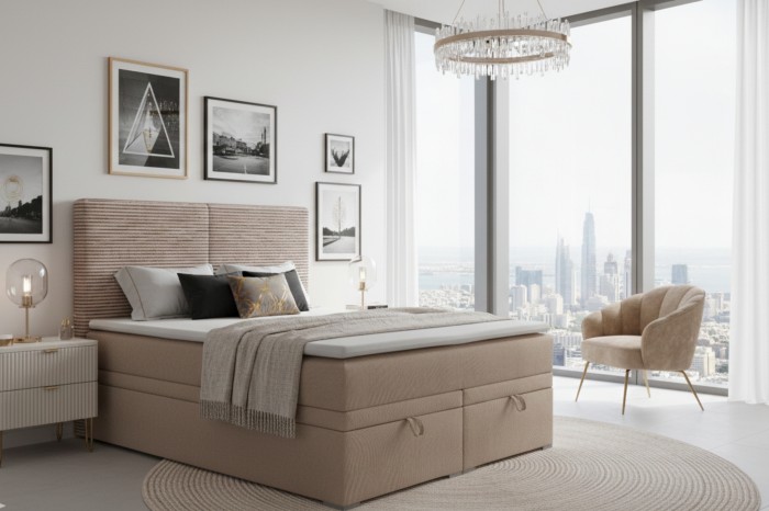 Moderne beige boxspring Daniel in een slaapkamer met adembenemend uitzicht over de stad.