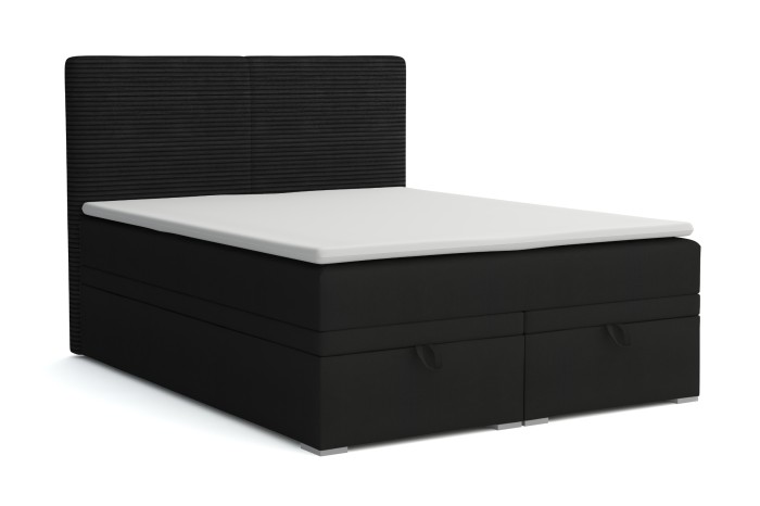 Modern zwart boxspringbed met opbergruimte en geribbelde hoofdsteun.