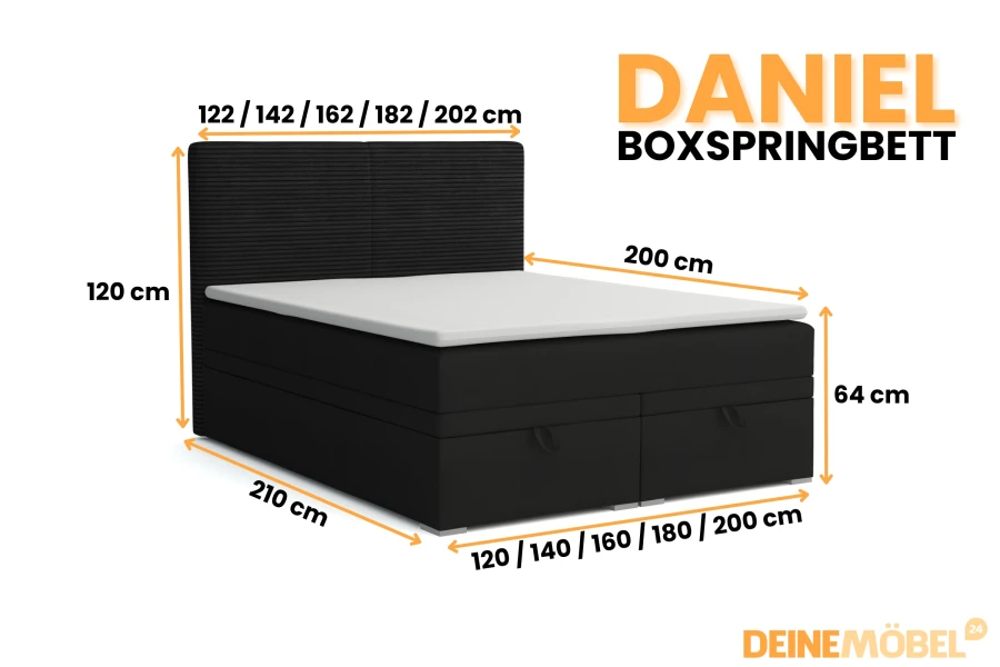 Infographic met afmetingen voor het boxspringbed Daniel in zwart.