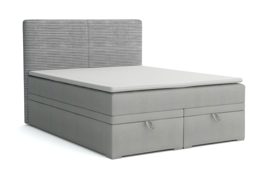 Elegante boxspring in grijs met twee geïntegreerde bedlades.