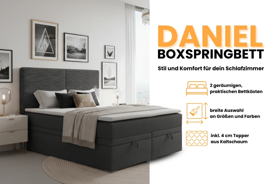 Productvoordelen boxspringbed Daniel: opbergboxen, koudschuimtopper en verschillende uitvoeringen.