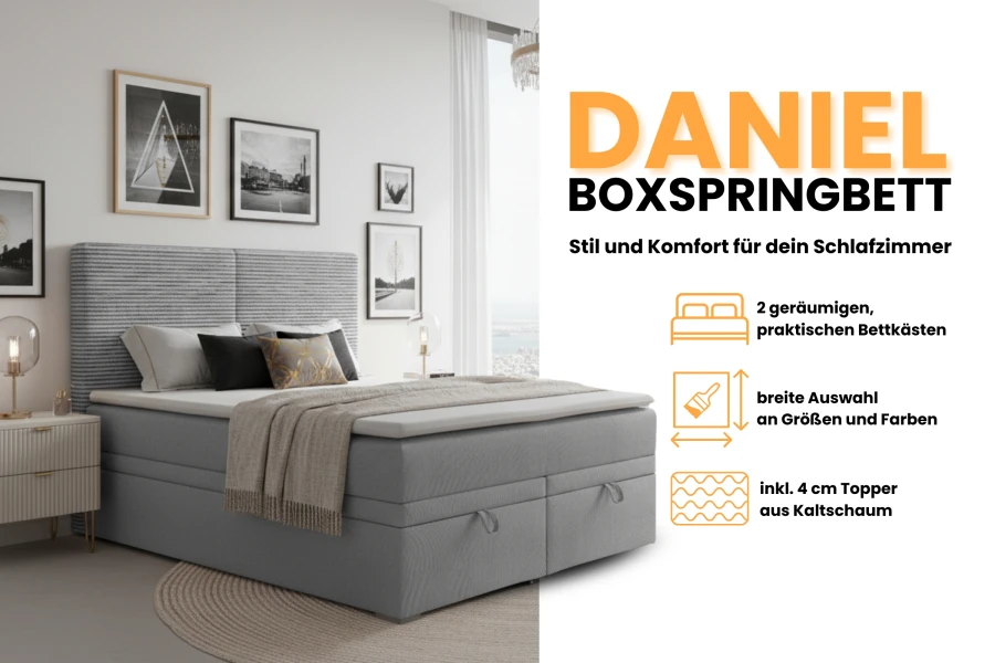 Infographic over het boxspringbed Daniel met details over topper, opbergruimte en kleurkeuze.