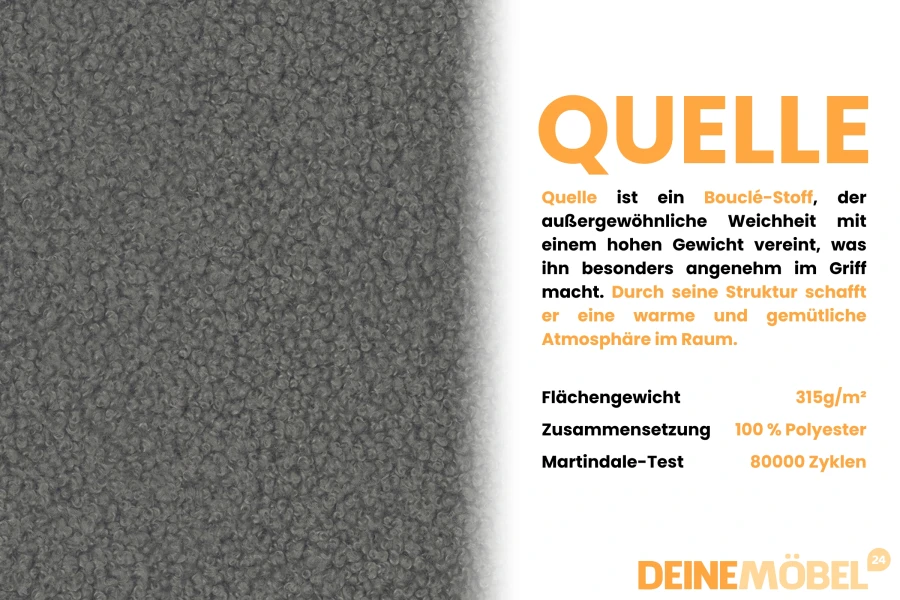 Technische Daten zum Quelle Bouclé-Stoff: 100% Polyester, 80.000 Martindale-Zyklen.