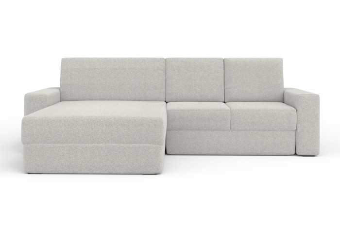 Hellgraues Ecksofa in L-Form mit strukturiertem Bouclé-Stoff, Ottomane links.