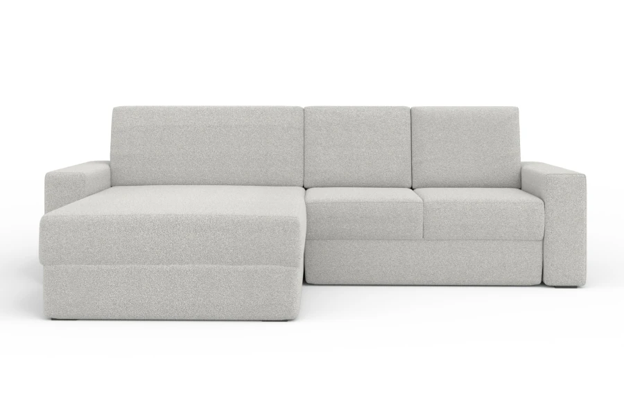 Hellgraues Ecksofa mit Recamiere links, moderner Bouclé-Bezug, Vorderansicht auf weißem Hintergrund.