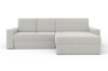 Modernes Ecksofa in Hellgrau mit Ottomane rechts, Bouclé-Stoff, Ansicht von vorne.