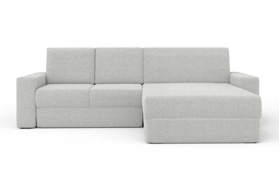 Modernes Ecksofa in Hellgrau mit Ottomane rechts, Bouclé-Stoff, Ansicht von vorne.