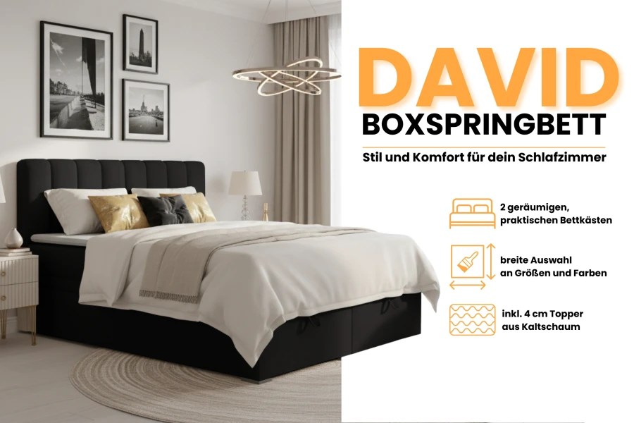 David boxspringbed in het zwart met opbergruimte en topper in een modern ingerichte slaapkamer.