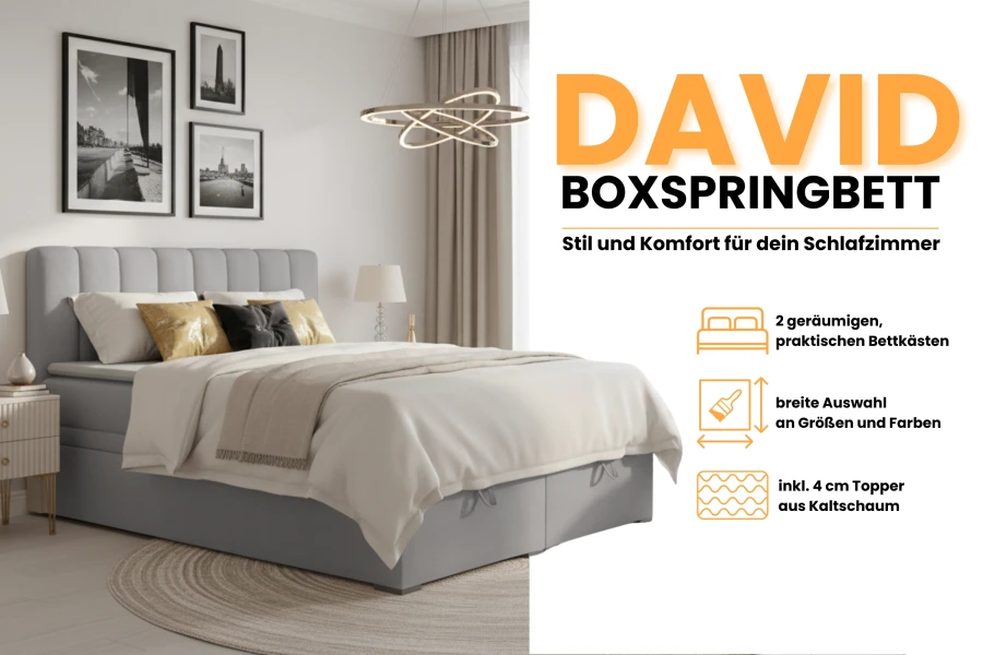 David Boxspringbett in Grau mit 2 Bettkästen und Kaltschaum-Topper, Komfort für das Schlafzimmer.