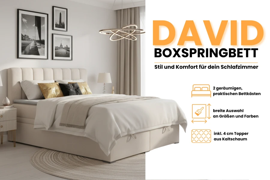 David Boxspringbett Produktinfo: Stauraum, Farbauswahl und 4 cm Kaltschaum-Topper inklusive.