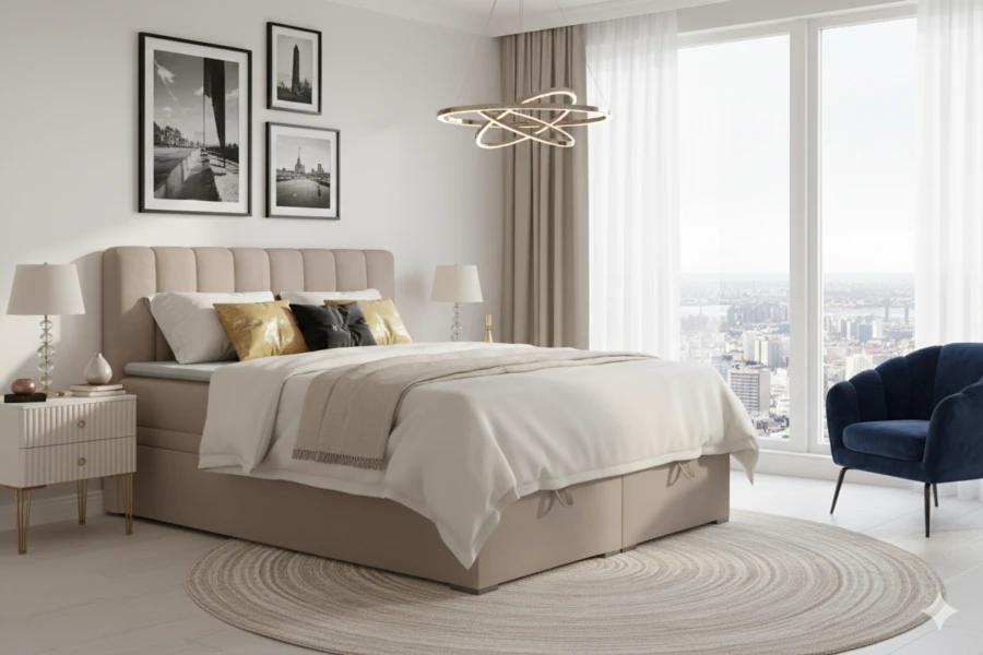 Modern eingerichtetes Schlafzimmer mit beigem Boxspringbett DAVID und stilvoller Deko.
