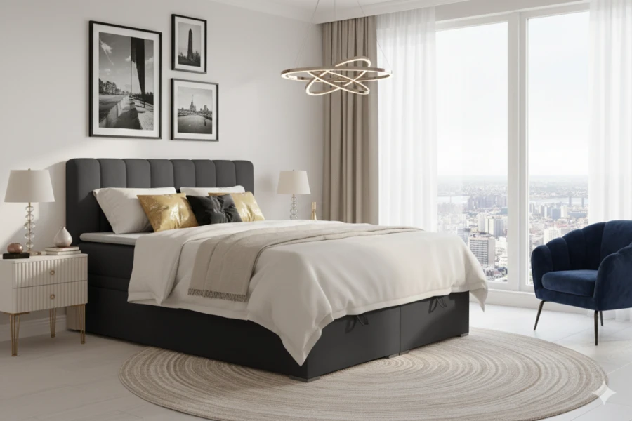 Dunkelgraues Boxspringbett David mit Stauraum-Bettkasten in modernem Zimmer mit City-Aussicht.