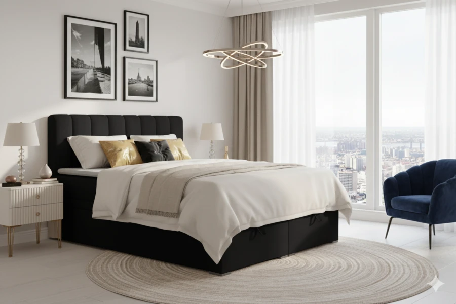 Schwarzes Boxspringbett David im eleganten Schlafzimmer-Design mit praktischem Bettkasten.