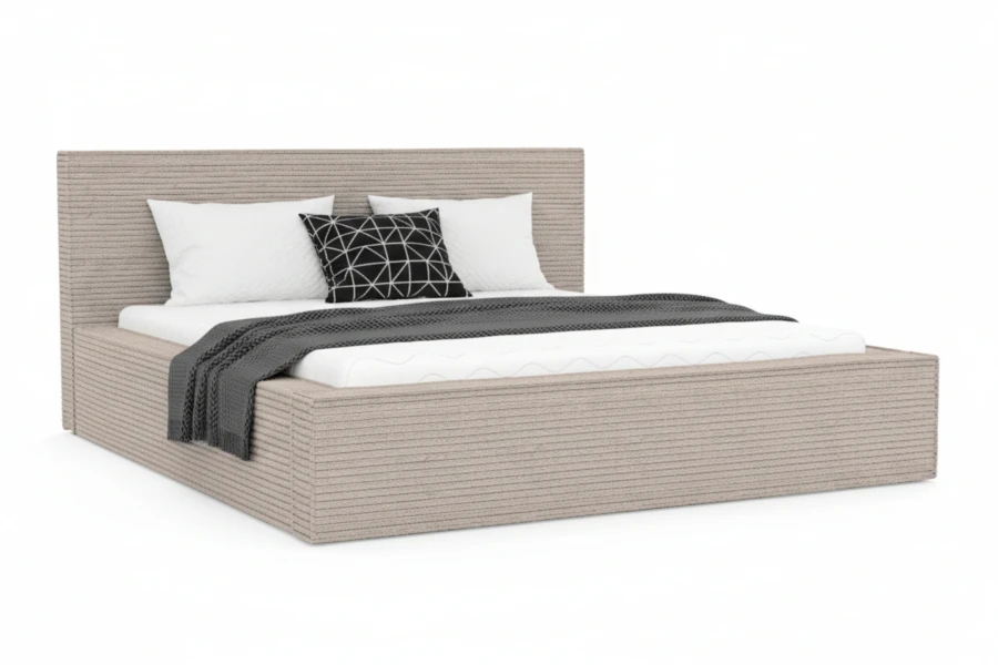 Modernes Polsterbett in Beige mit gerippter Stoffstruktur vor weißem Hintergrund.