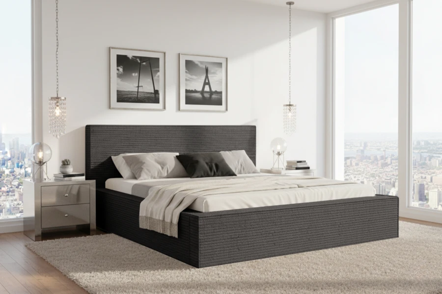 Anthrazitfarbenes Polsterbett im modernen Schlafzimmer mit Panoramafenster und City-Aussicht.