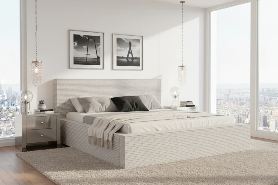 Elegantes hellgraues Polsterbett im Schlafzimmer mit großen Fenstern und moderner Deko.