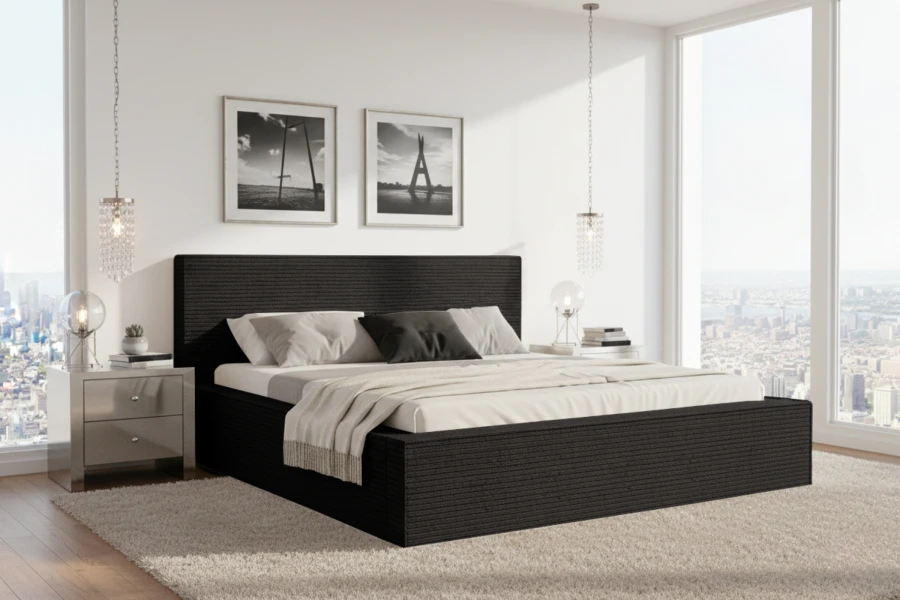 Modernes Schlafzimmer mit schwarzem Polsterbett, Nachttischen und Blick auf die Skyline.