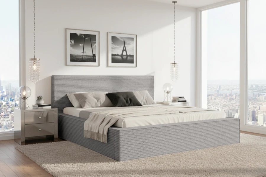 Helles Schlafzimmer mit grauem Polsterbett, Teppich und großen Fenstern mit Stadtblick.