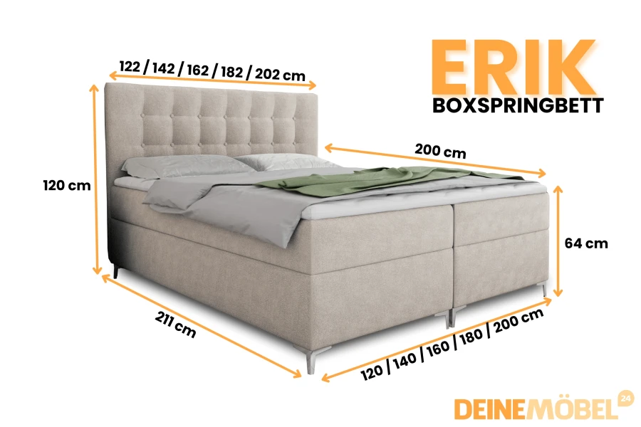Maßgrafik für das Boxspringbett Erik in Beige mit detaillierten Abmessungen.